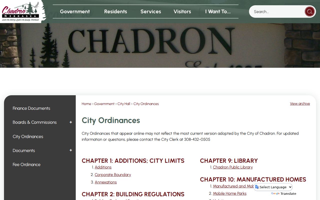 Chadron court records context from the official Chadron ordinances page