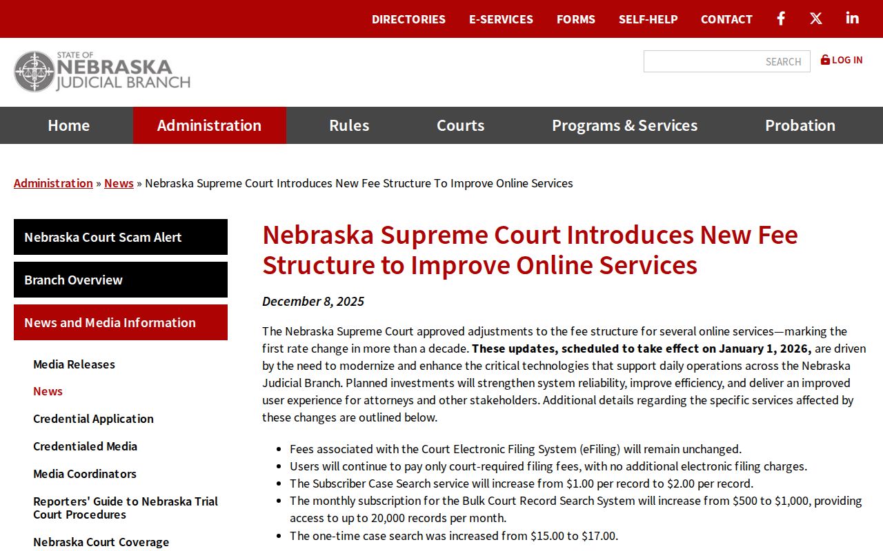 Dawes County civil court docket Nebraska 2026 online access fee notice