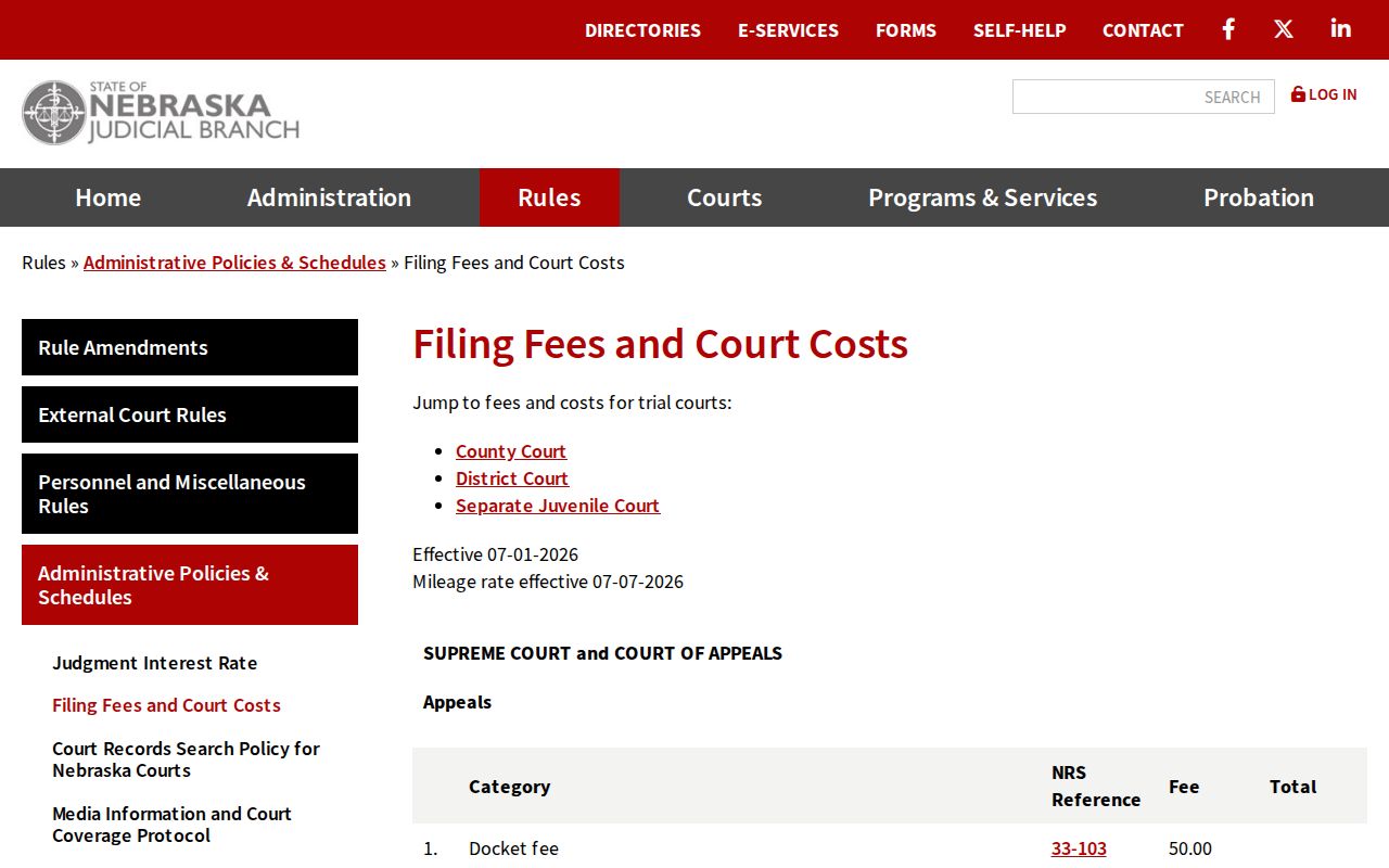 Dawes County civil court docket Nebraska court fee schedule