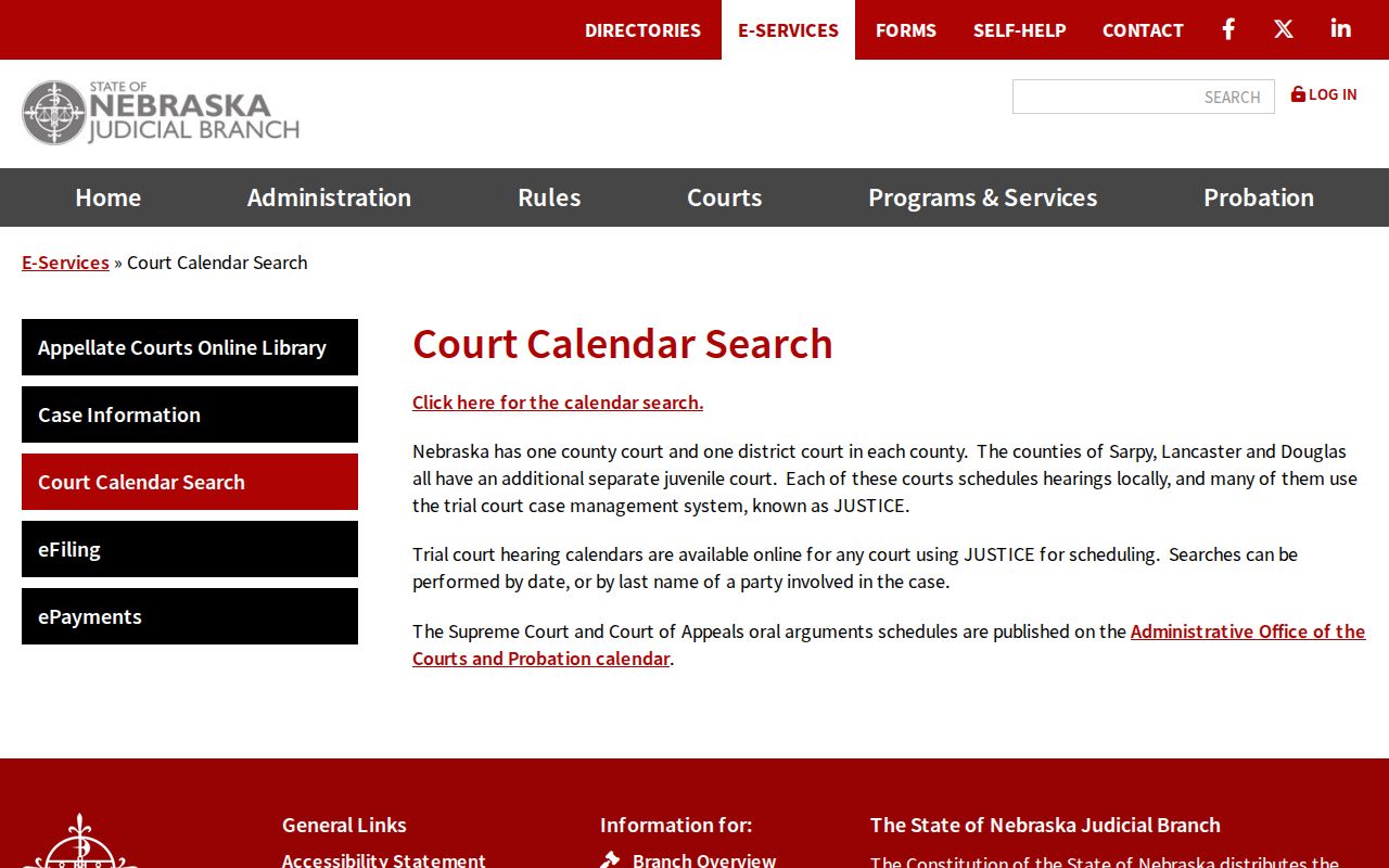Dawes court schedule official Nebraska trial calendar entry
