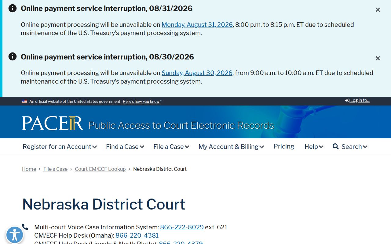 Dawes County court docket reference showing PACER District of Nebraska CM ECF lookup