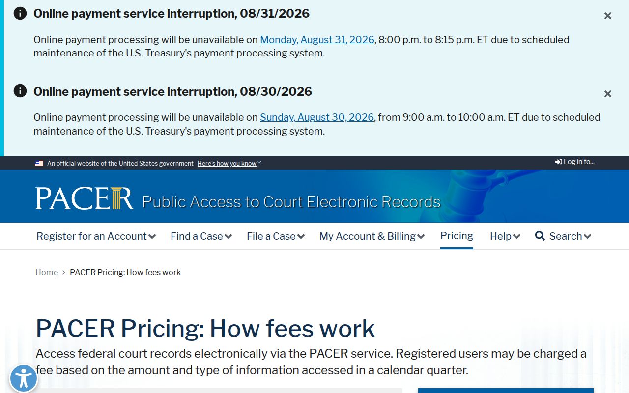 Dawes County court docket reference showing PACER federal court fee information
