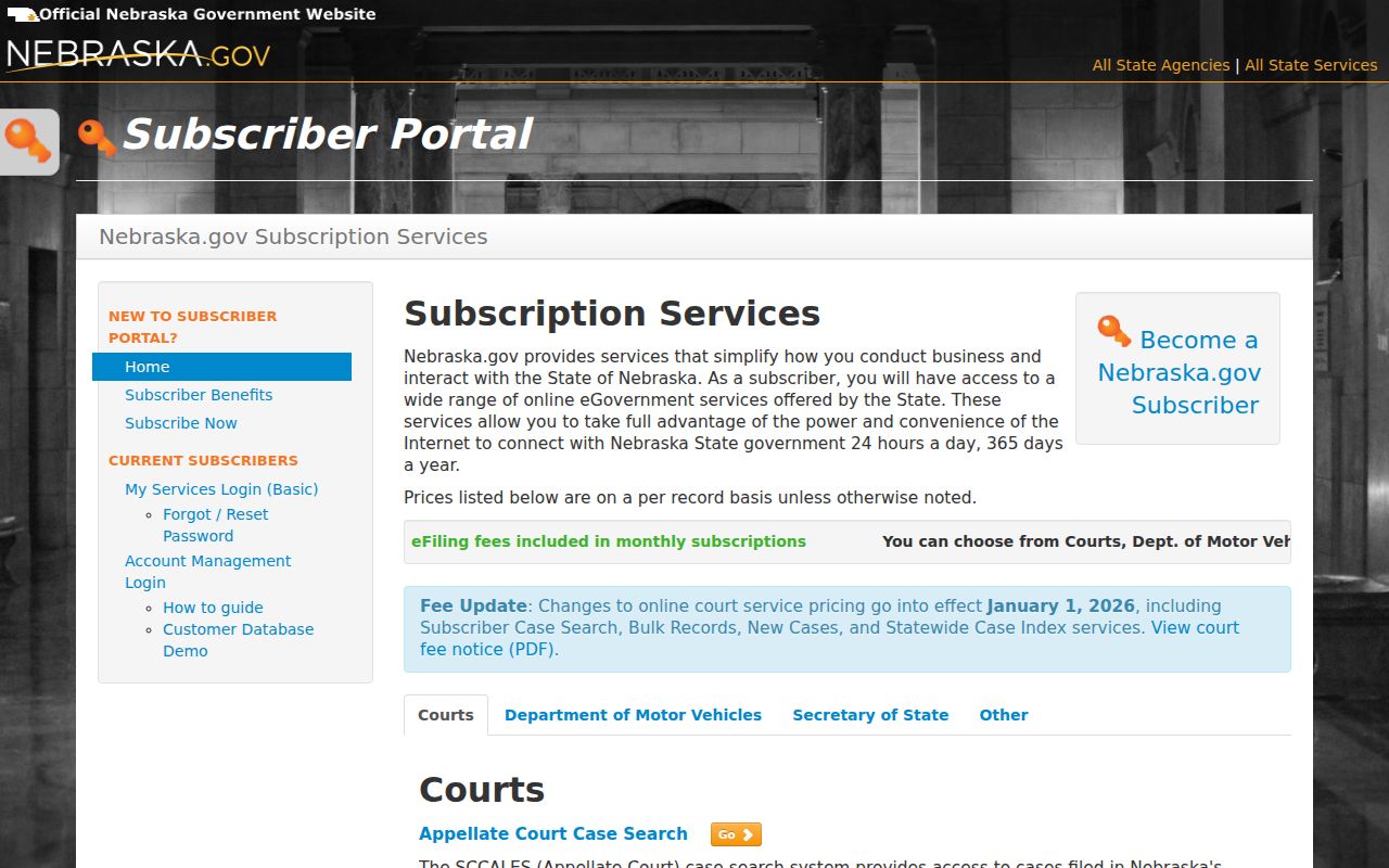 Dawes County traffic court record Nebraska subscriber fee and access table