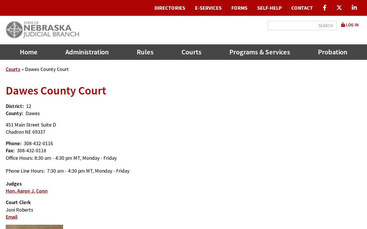 Whitney court records route showing the Dawes County Court clerk contact card